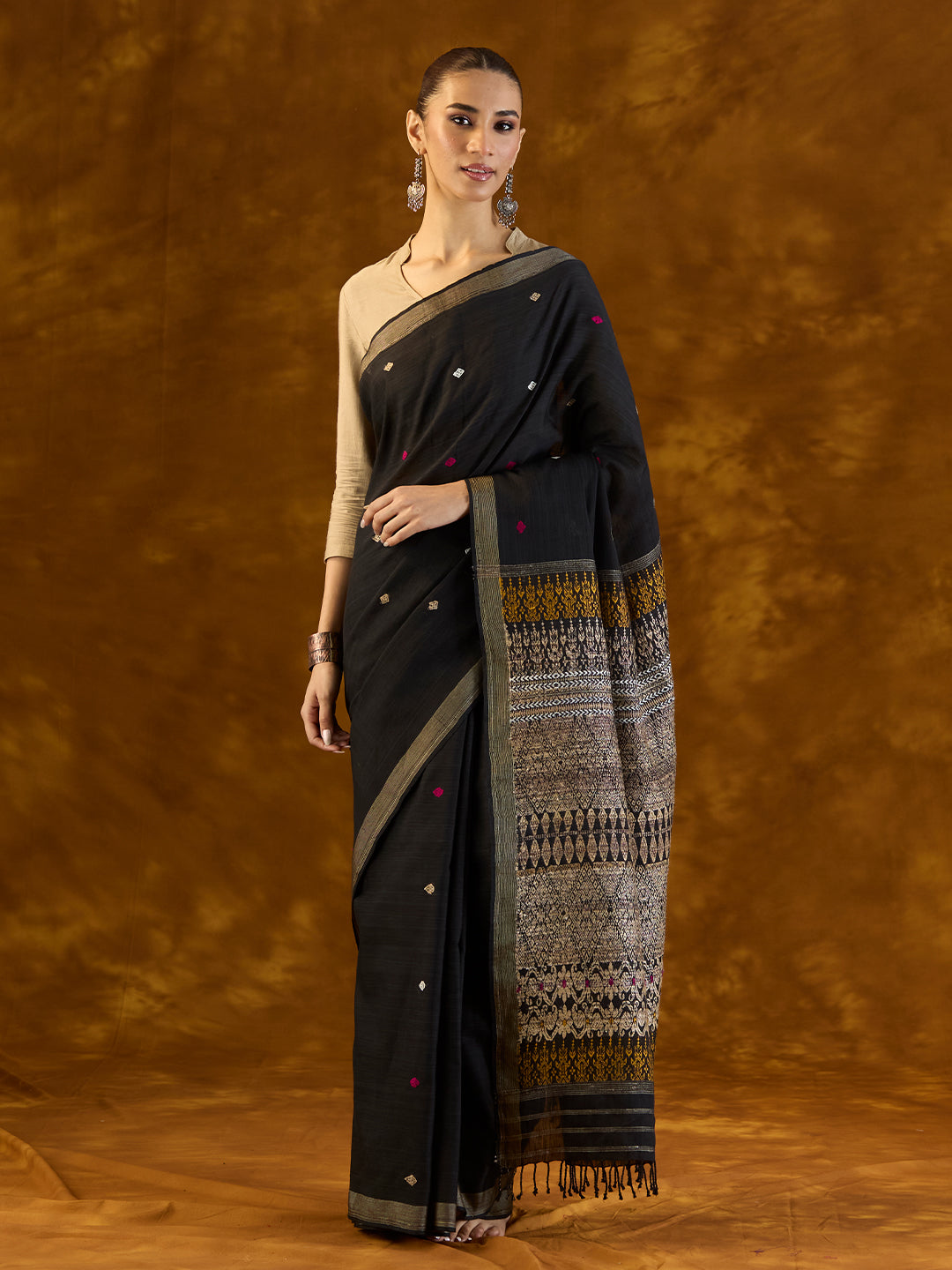 Ink Black Raw Mulberry Silk and Cotton Saree