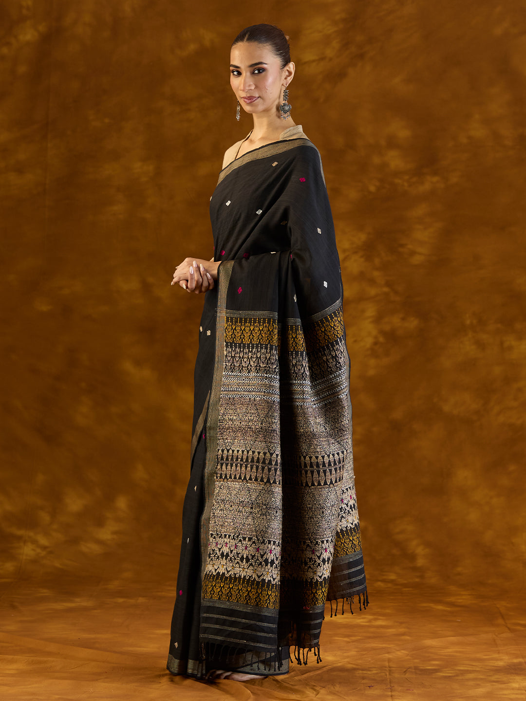 Ink Black Raw Mulberry Silk and Cotton Saree