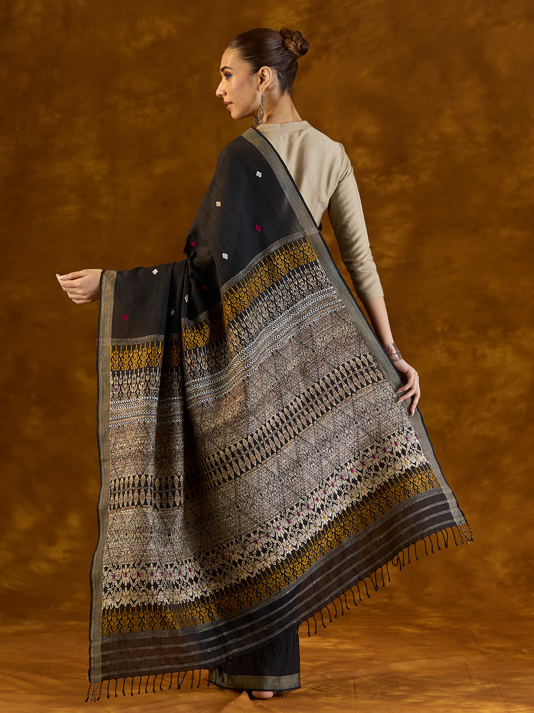 Ink Black Raw Mulberry Silk and Cotton Saree