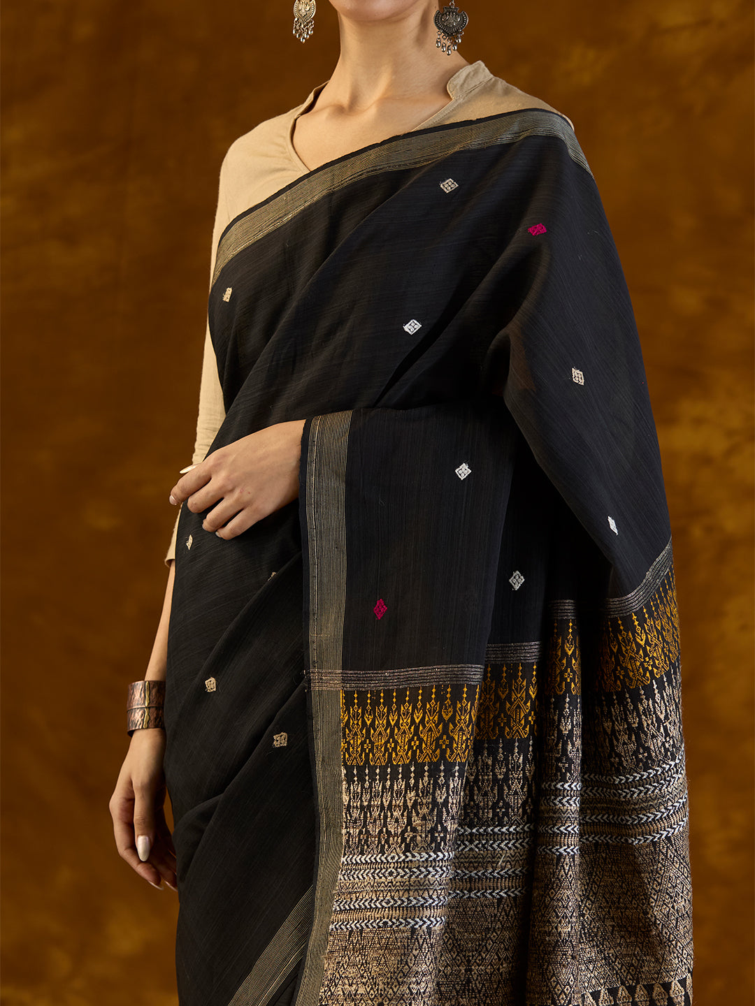 Ink Black Raw Mulberry Silk and Cotton Saree