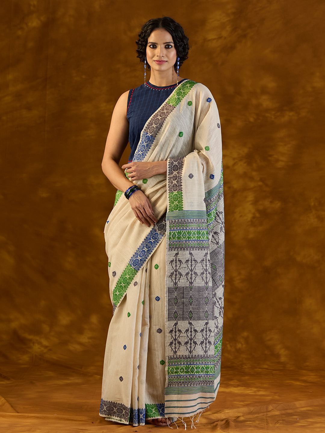 Porcelain White Raw Mulberry and Eri Silk Saree