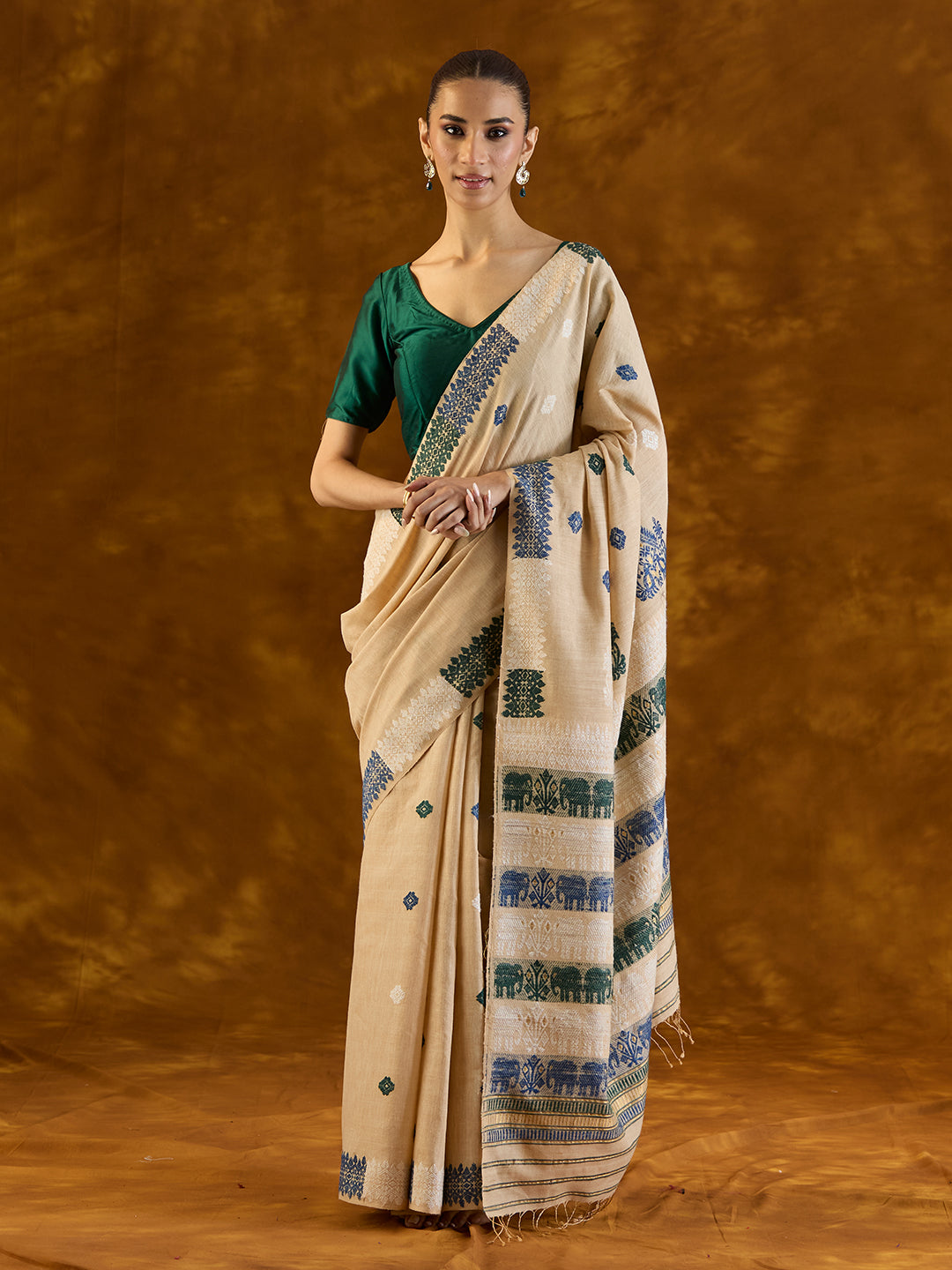 Beige Tussar Silk and Red Eri Silk Saree