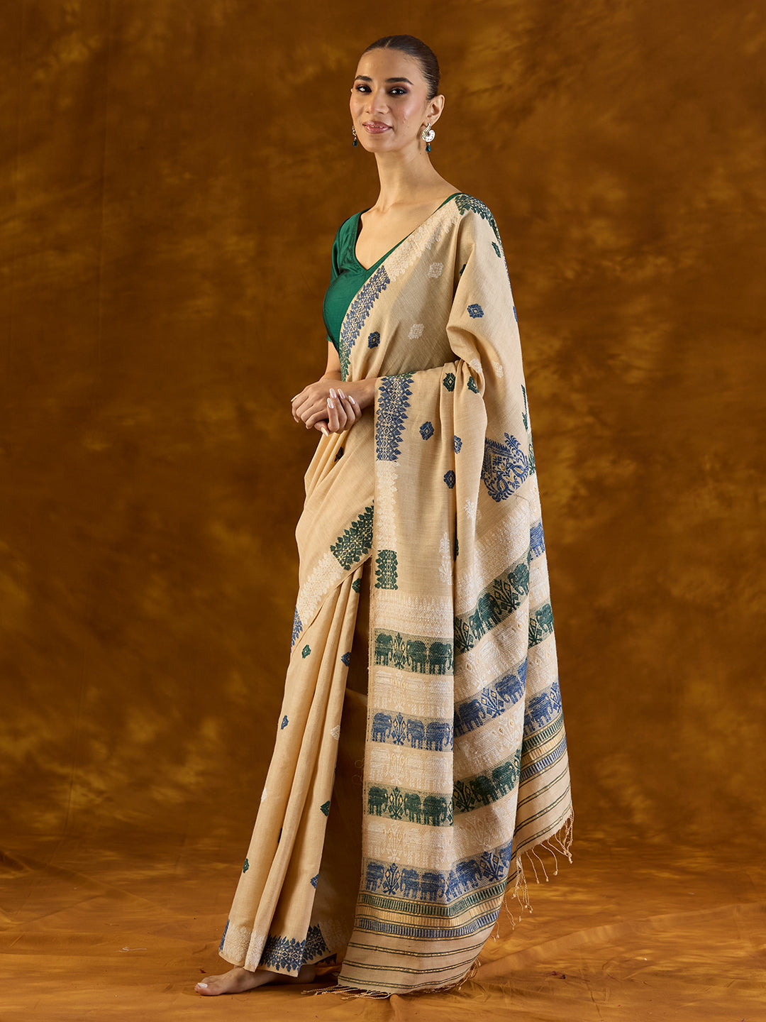 Beige Tussar Silk and Red Eri Silk Saree