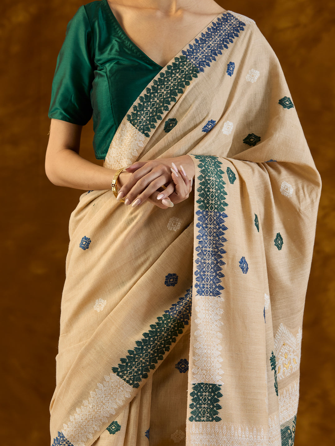 Beige Tussar Silk and Red Eri Silk Saree