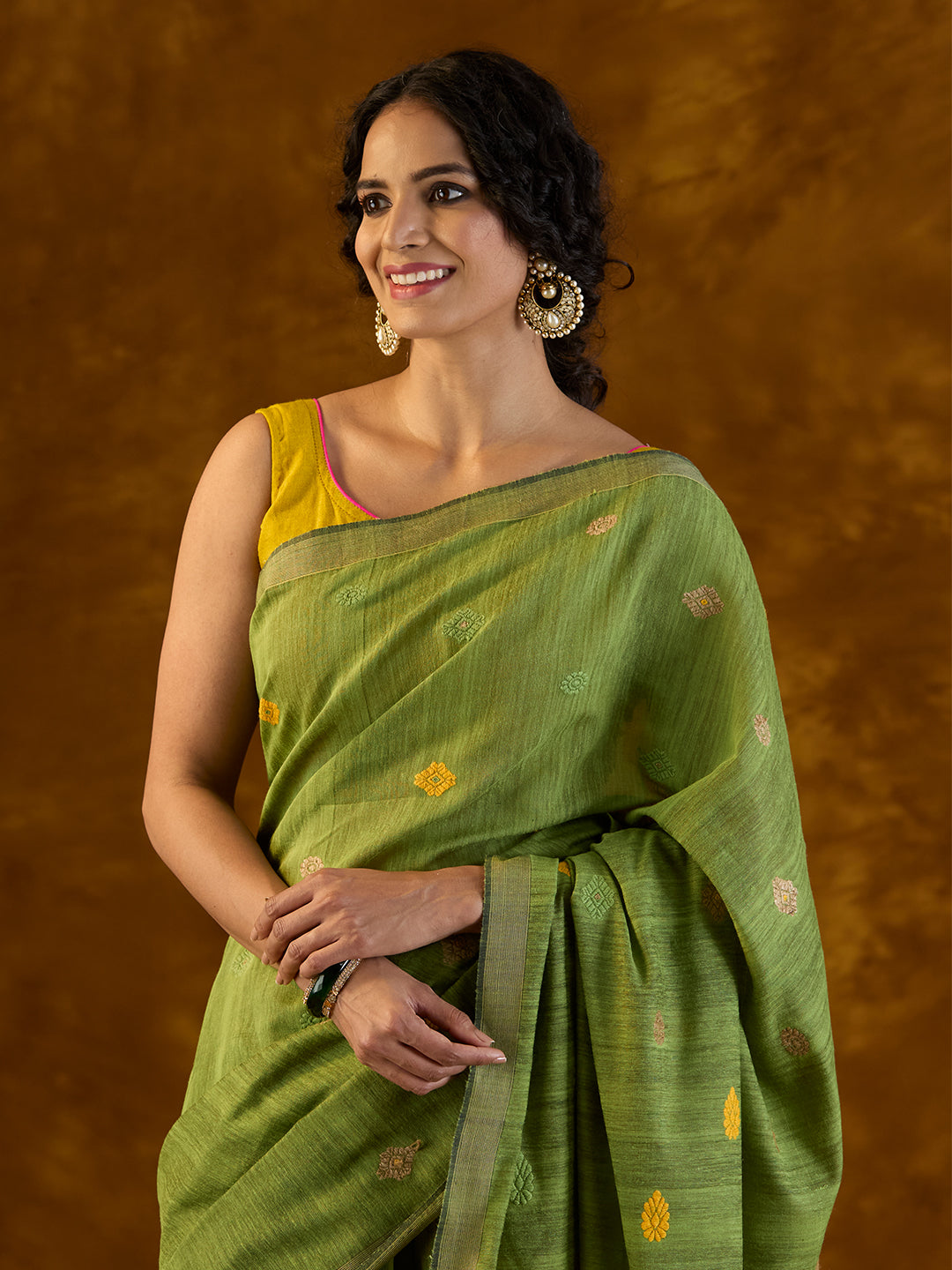 Hunter Green Raw Mulberry and Eri Silk Saree