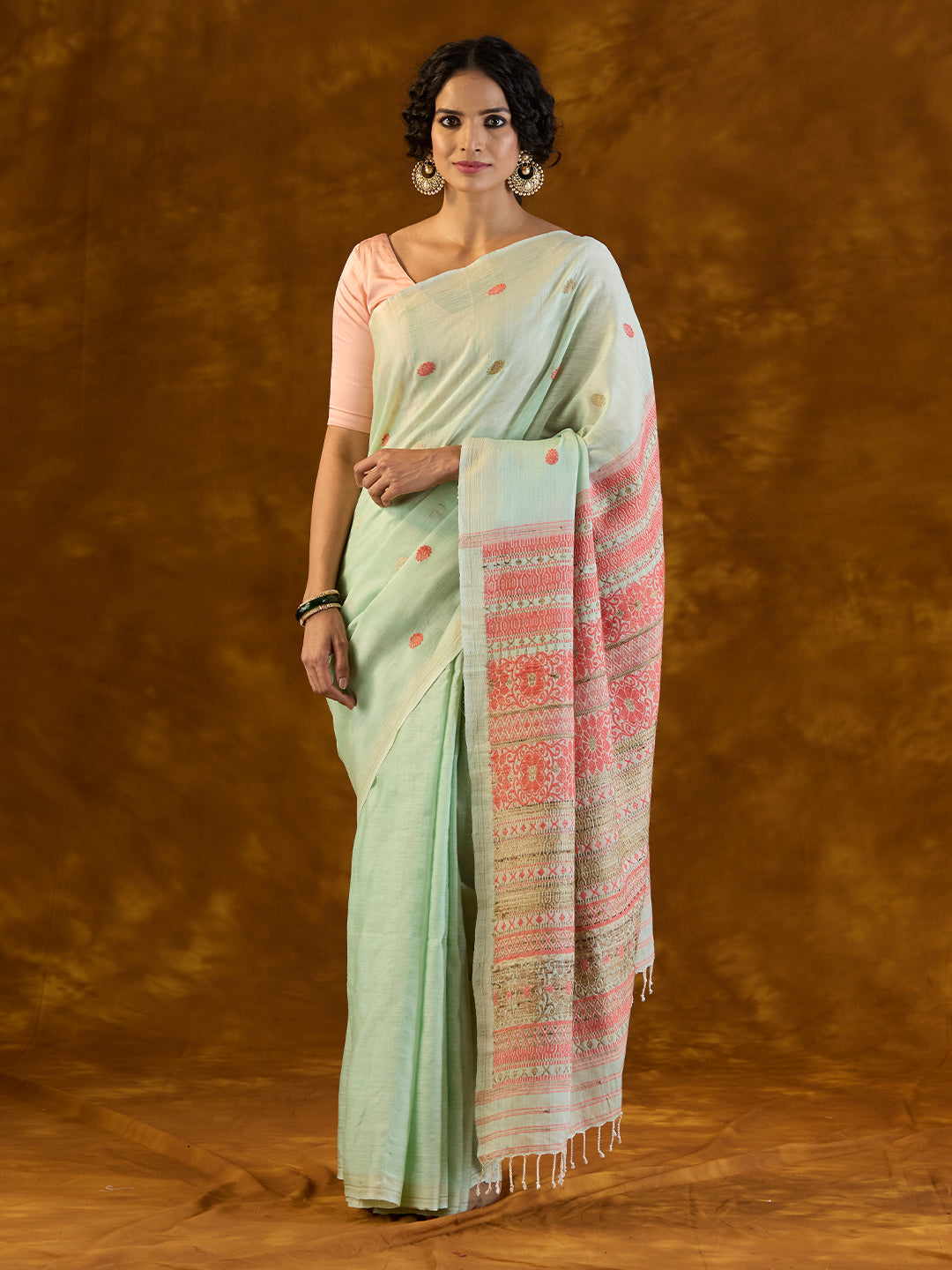 Pistachio Green Raw Mulberry Silk and Cotton Saree