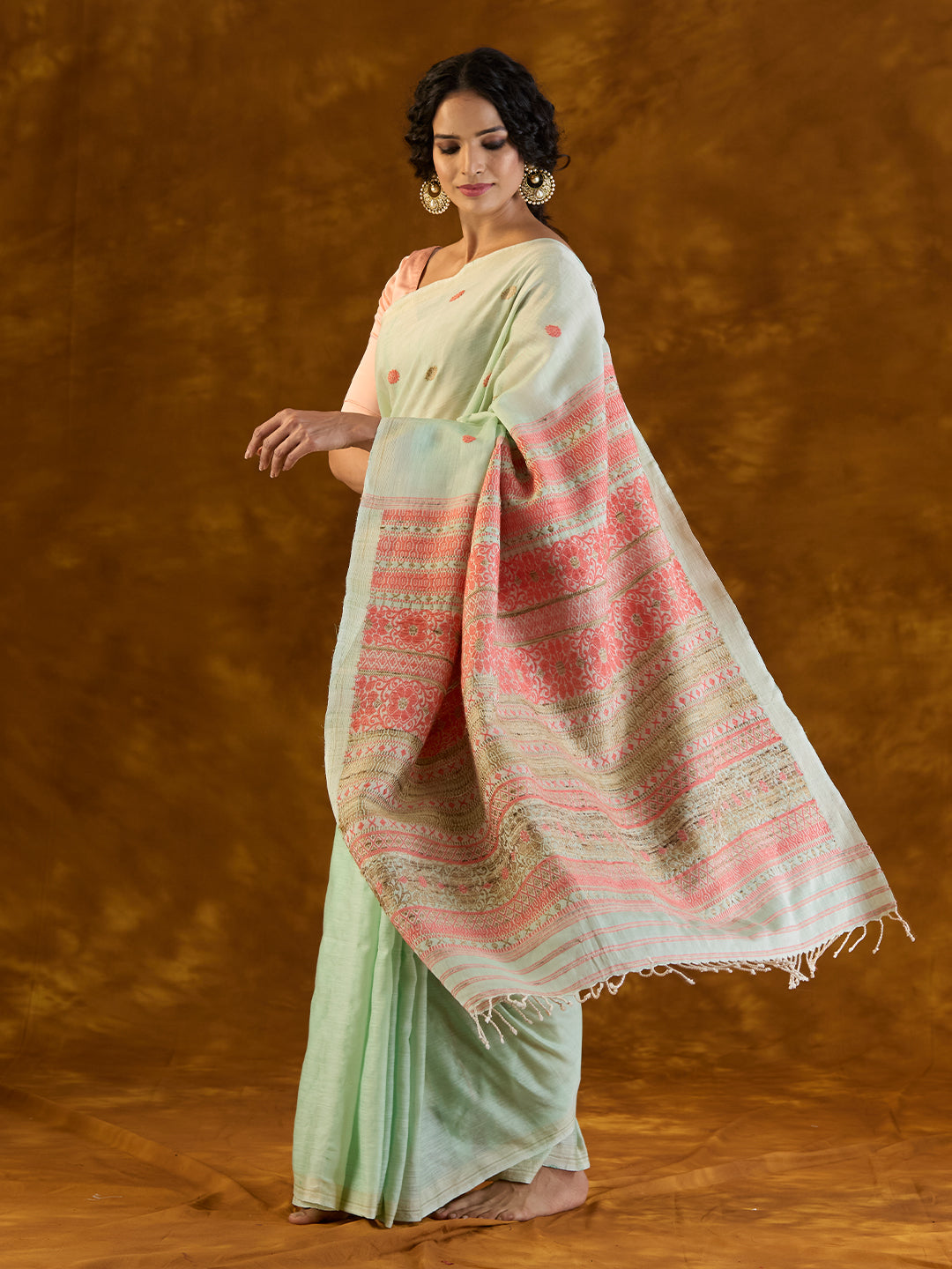 Pistachio Green Raw Mulberry Silk and Cotton Saree