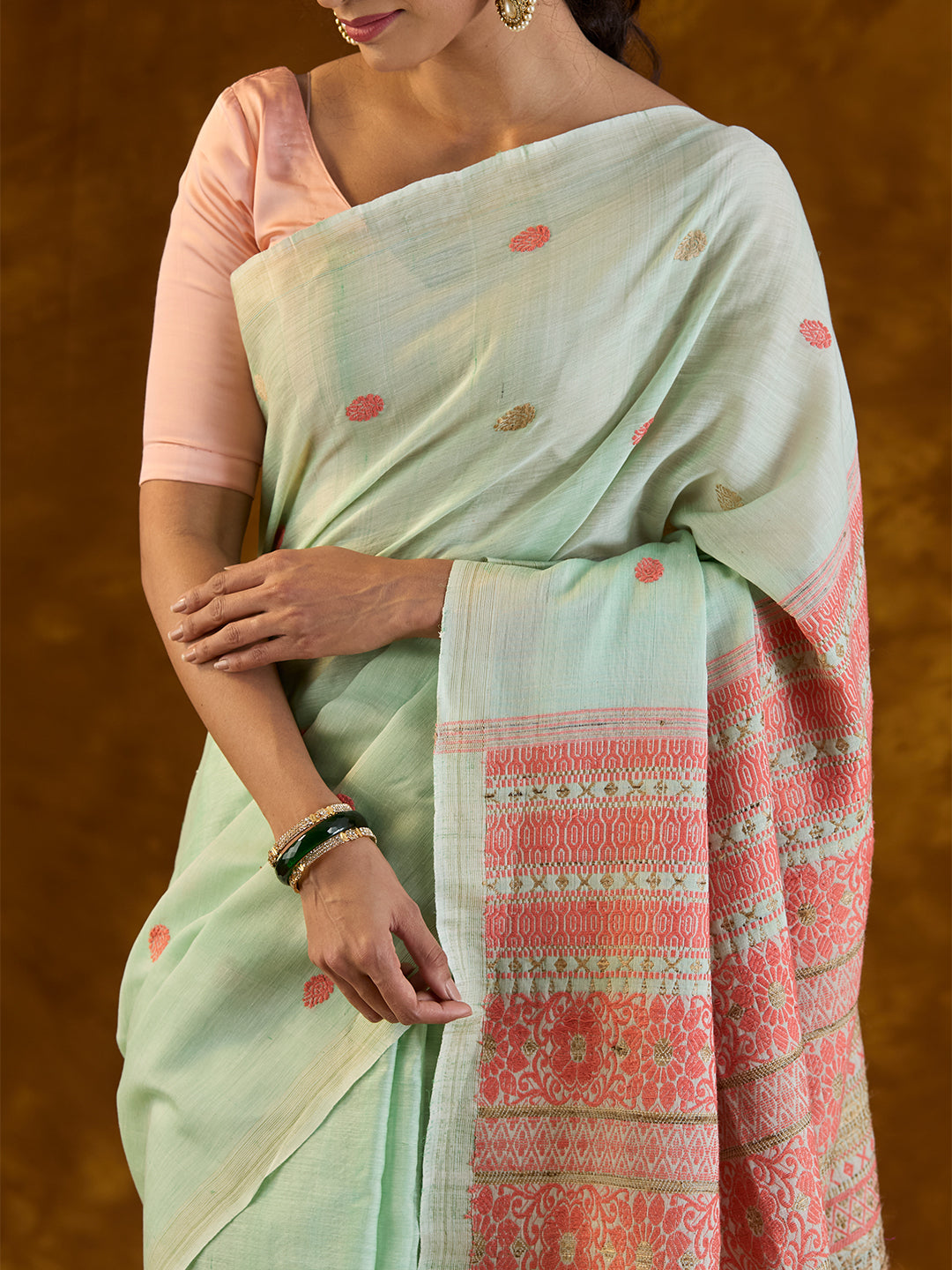 Pistachio Green Raw Mulberry Silk and Cotton Saree