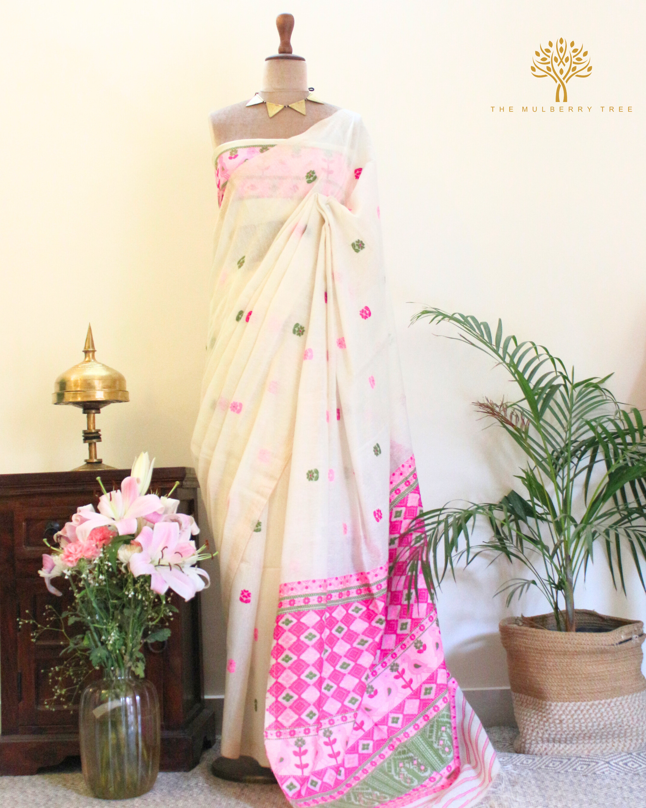 Off White Raw Mulberry and Eri Silk Saree
