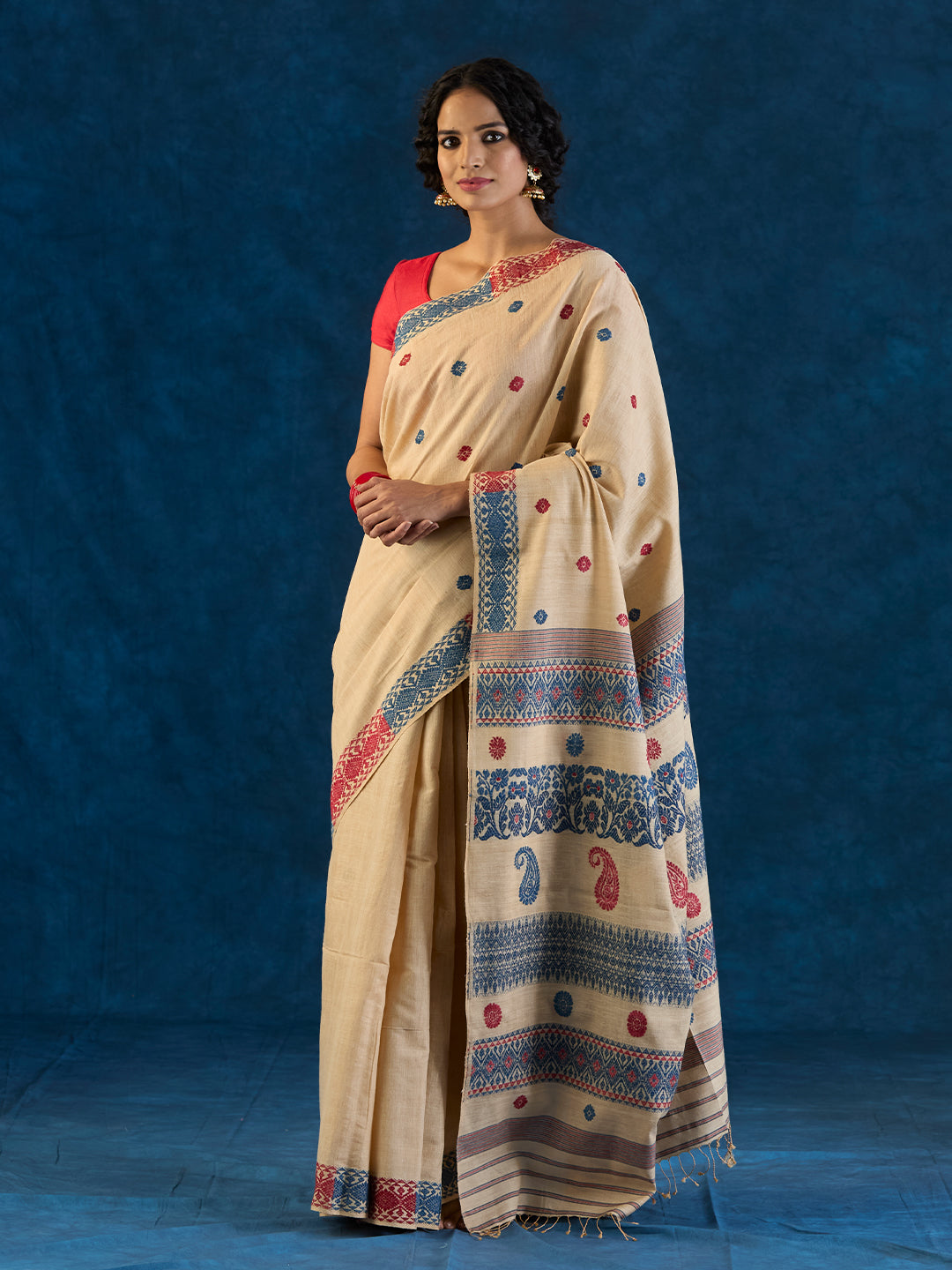 Cream Beige Tussar Silk and Red Eri Silk Saree