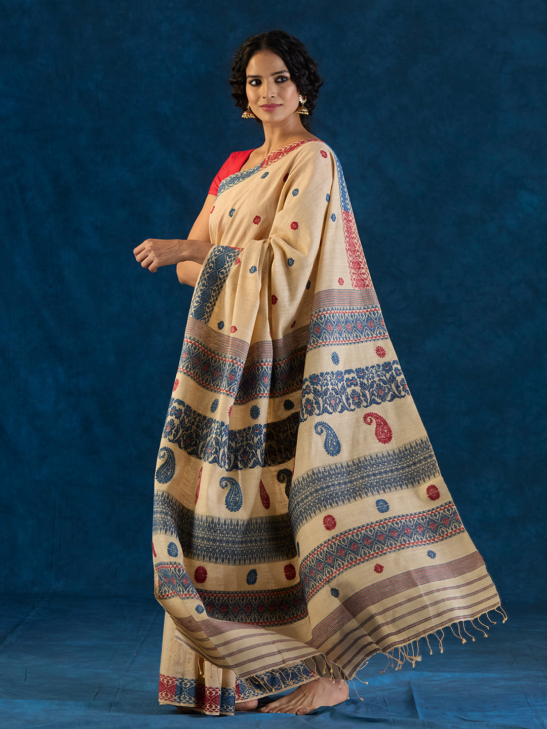 Cream Beige Tussar Silk and Red Eri Silk Saree