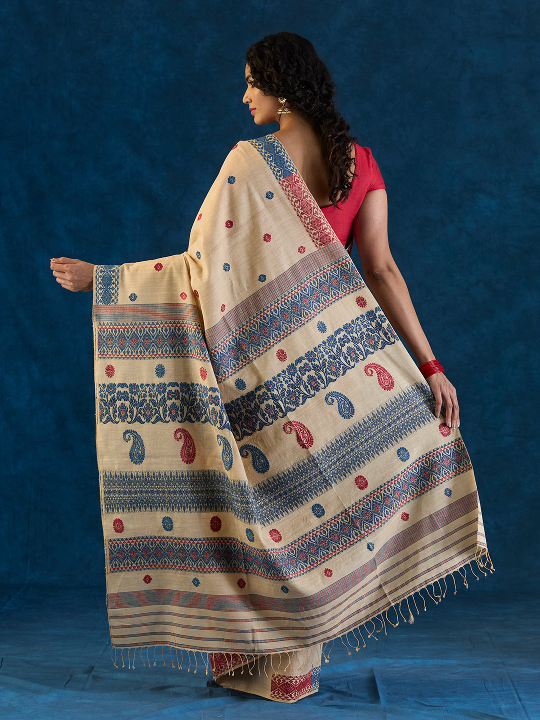 Cream Beige Tussar Silk and Red Eri Silk Saree