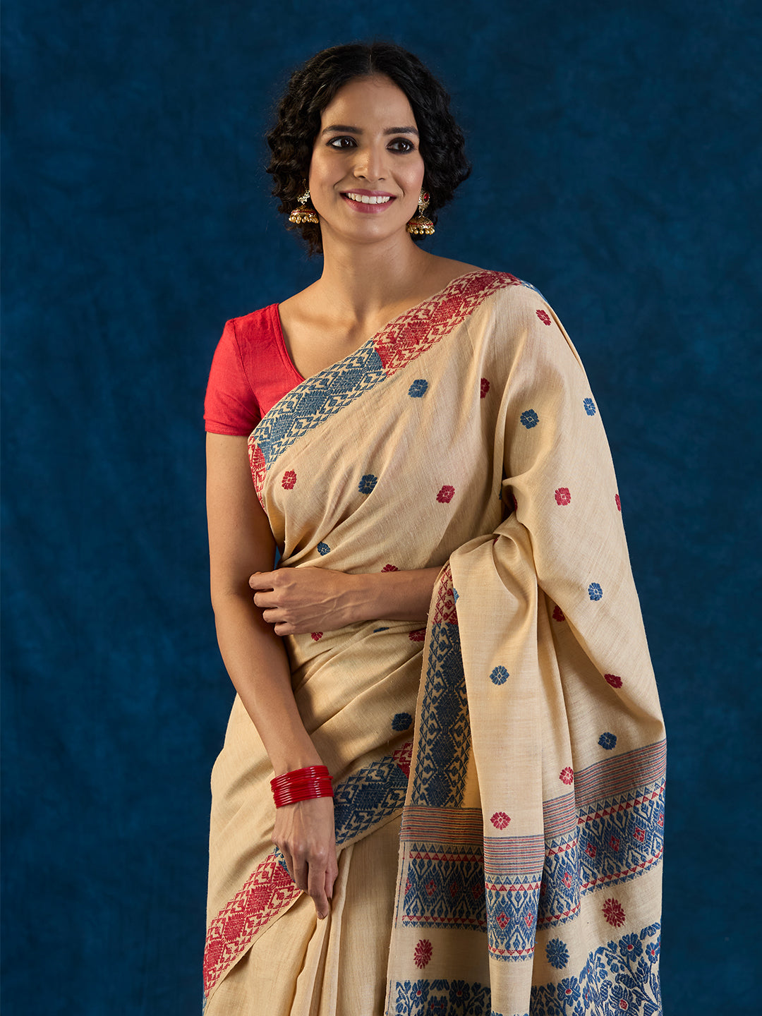 Cream Beige Tussar Silk and Red Eri Silk Saree