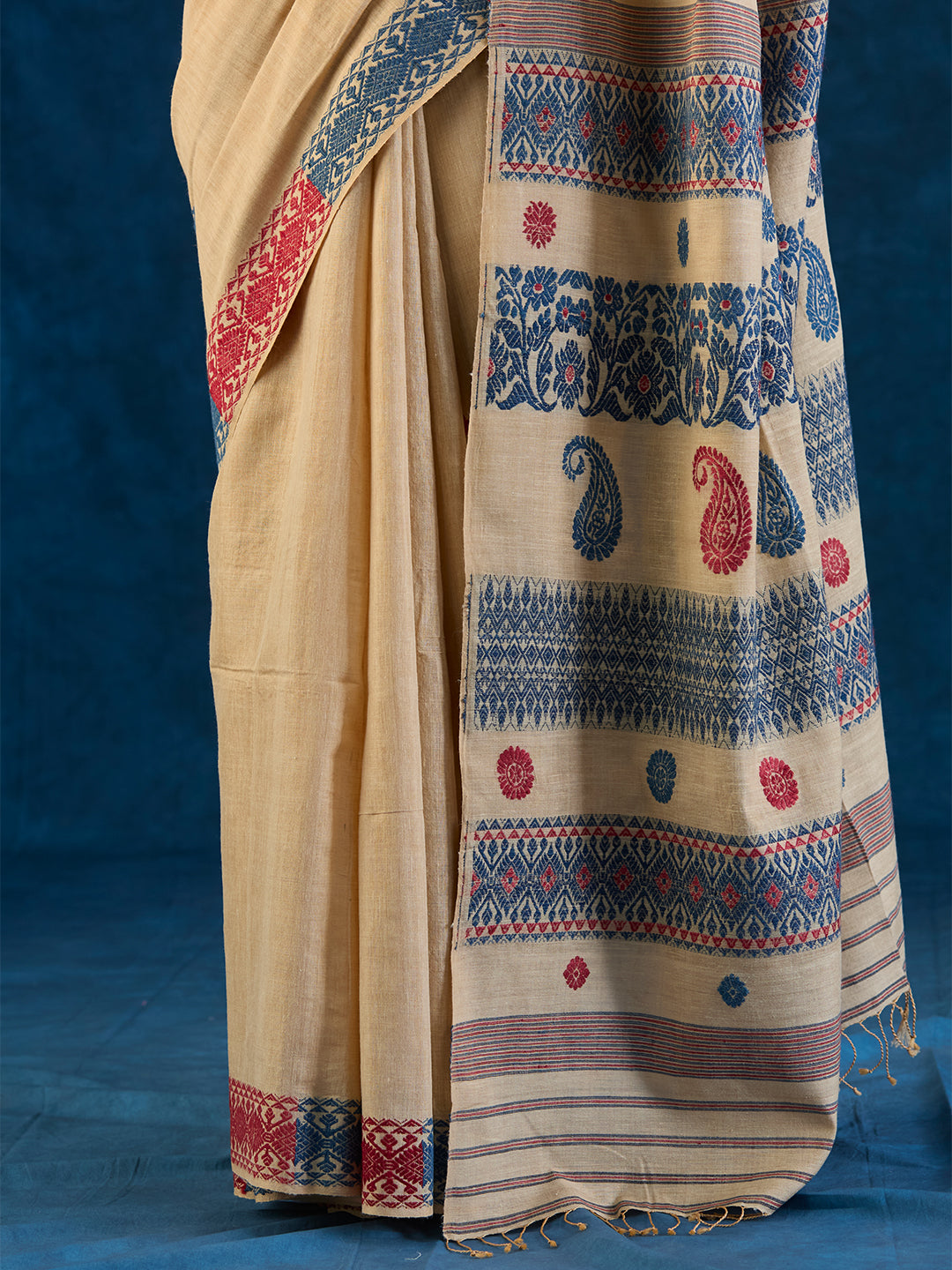 Cream Beige Tussar Silk and Red Eri Silk Saree