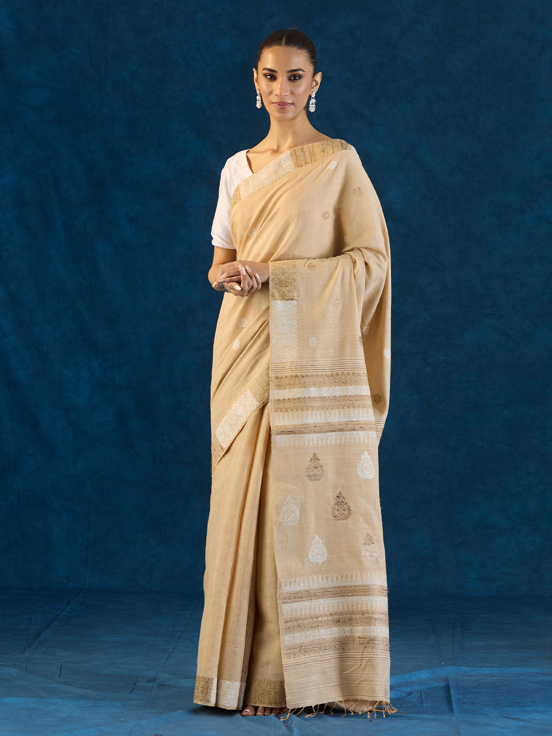 Sand Beige Tussar Silk and Red Eri Silk Saree