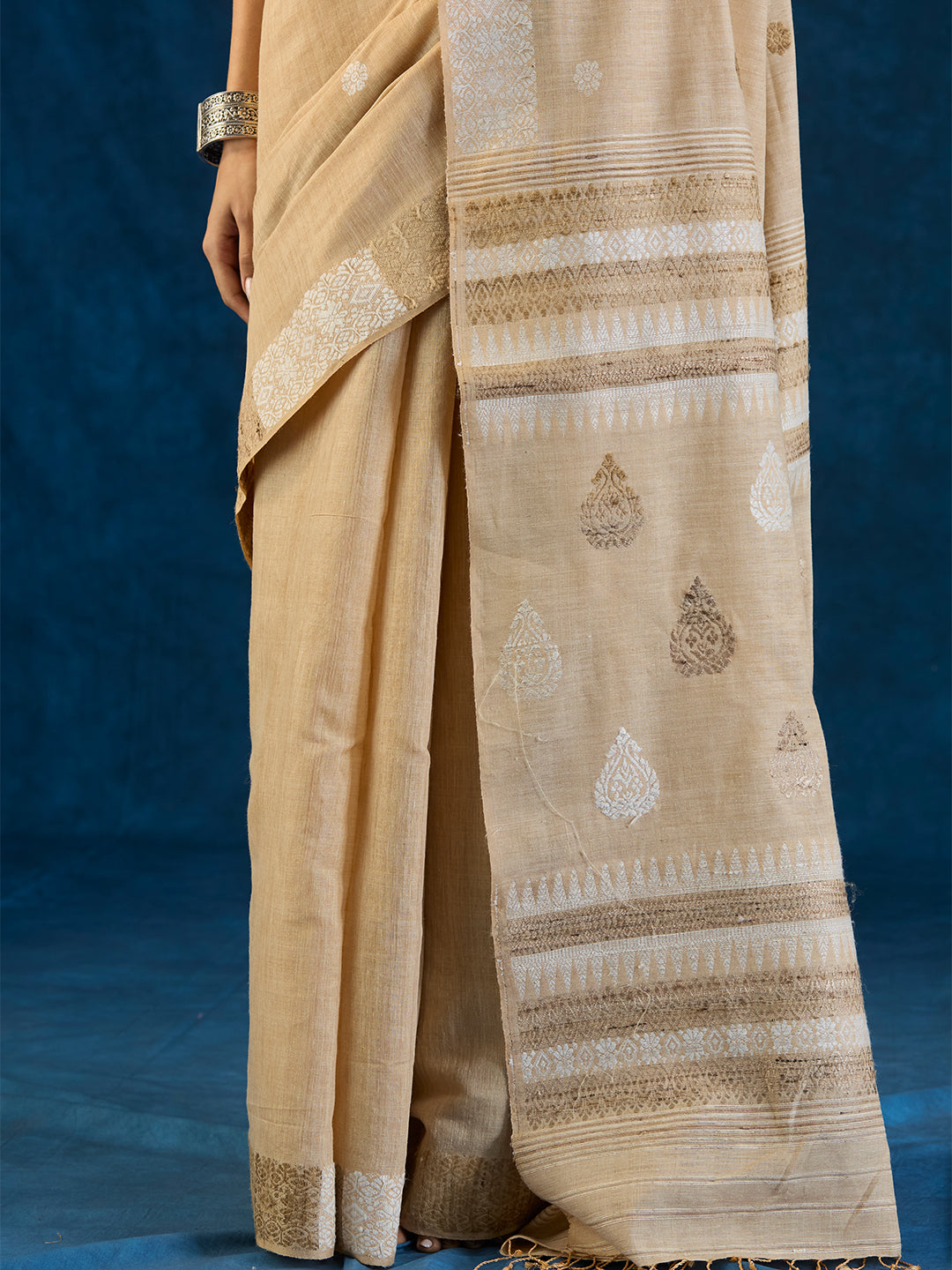 Sand Beige Tussar Silk and Red Eri Silk Saree