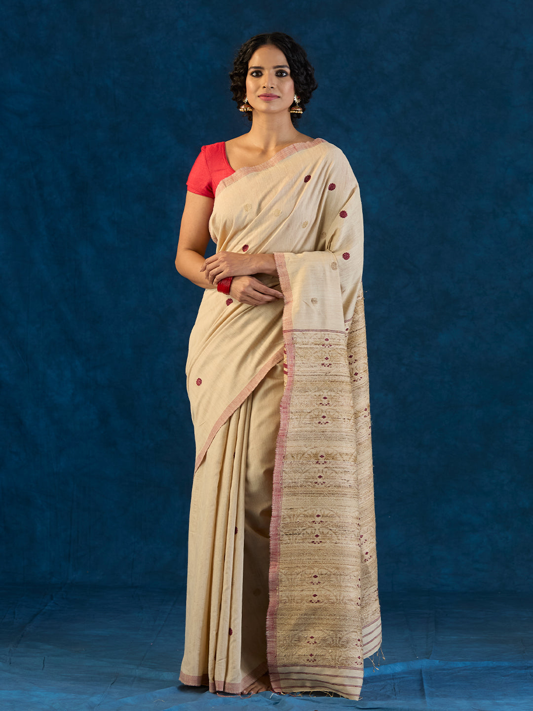 Chalk Beige Tussar Silk and Red Eri Silk Saree