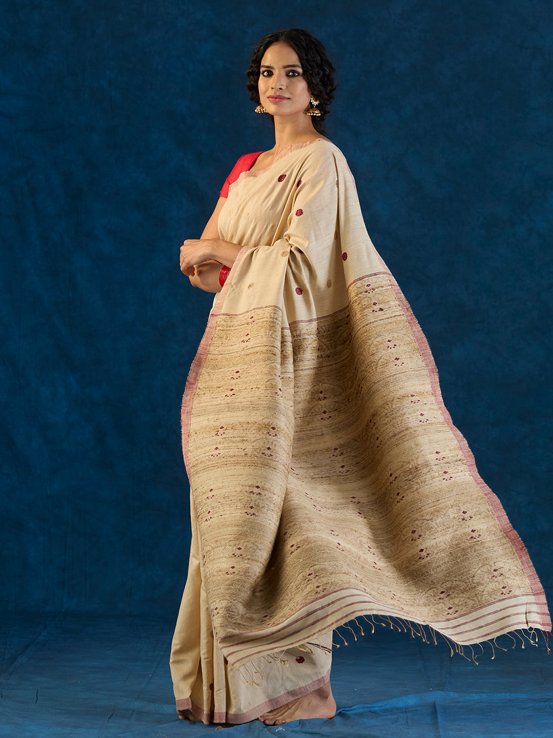 Chalk Beige Tussar Silk and Red Eri Silk Saree