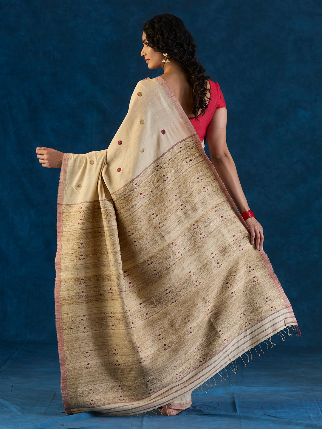 Chalk Beige Tussar Silk and Red Eri Silk Saree