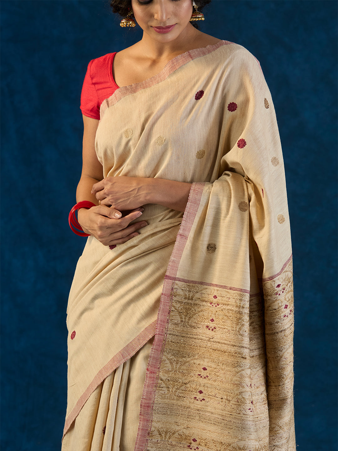 Chalk Beige Tussar Silk and Red Eri Silk Saree