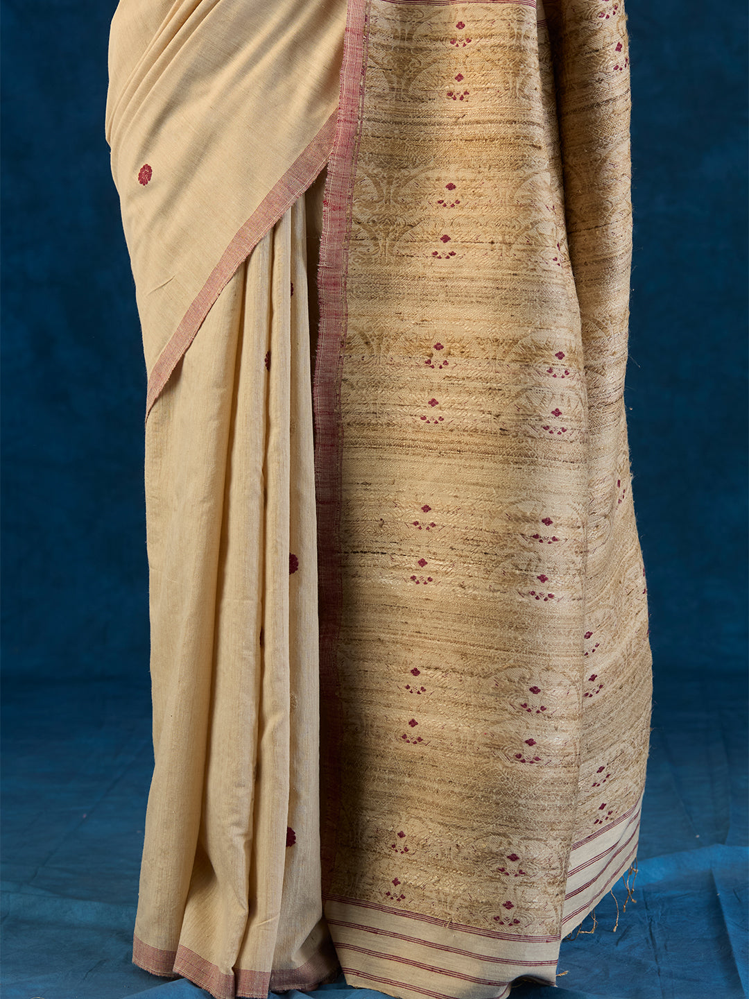 Chalk Beige Tussar Silk and Red Eri Silk Saree