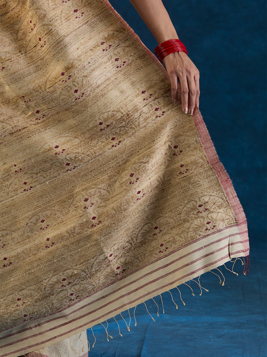 Chalk Beige Tussar Silk and Red Eri Silk Saree