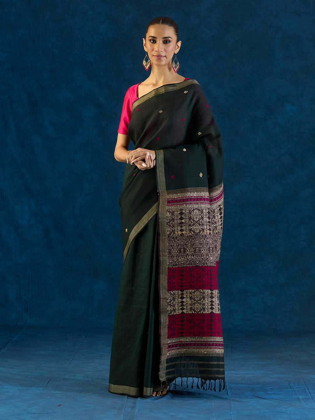 Forest Green Raw Mulberry and Cotton Saree