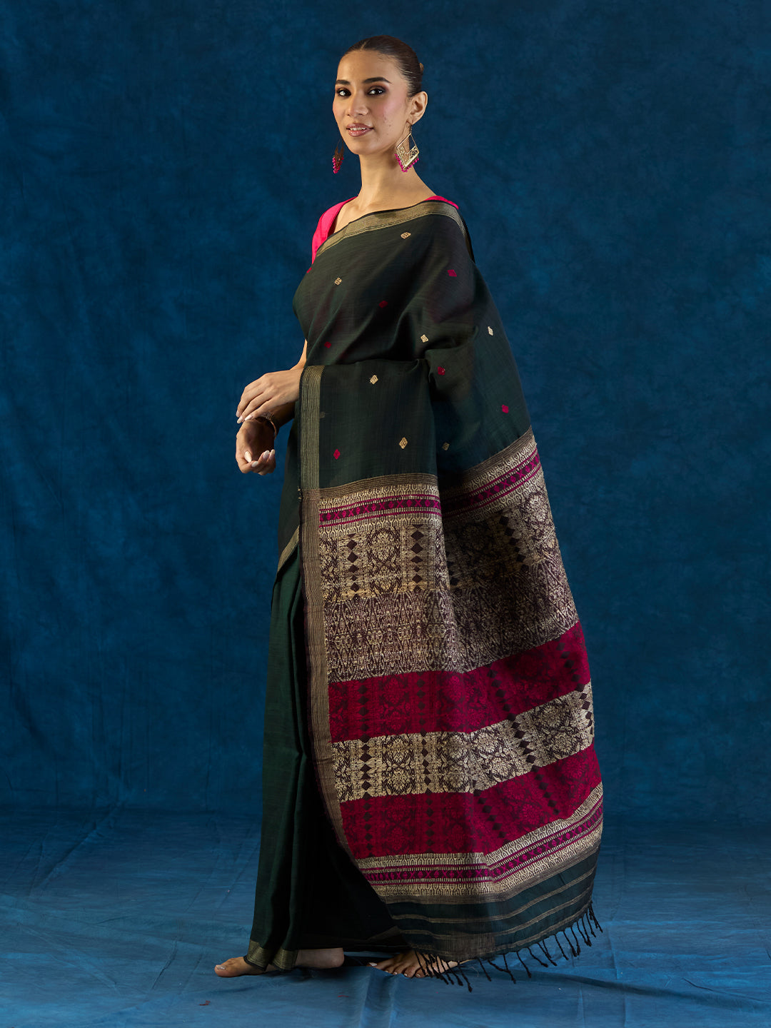 Forest Green Raw Mulberry and Cotton Saree