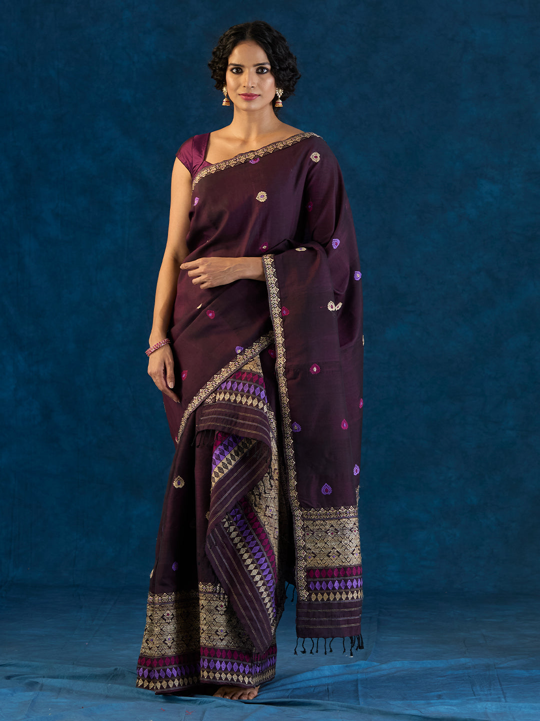 Chestnut Maroon Raw Mulberry and Cotton Mekhela sador