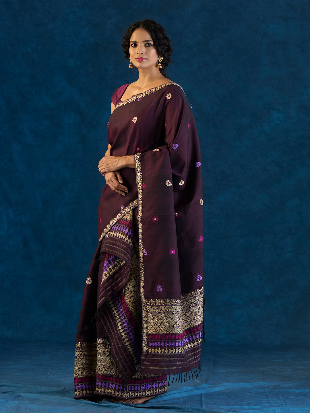 Chestnut Maroon Raw Mulberry and Cotton Mekhela sador