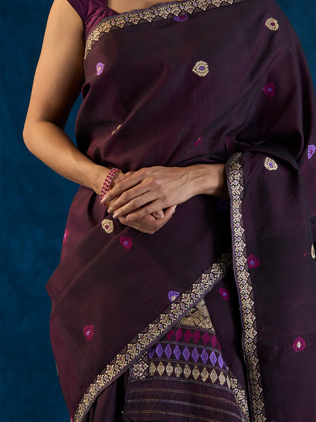 Chestnut Maroon Raw Mulberry and Cotton Mekhela sador