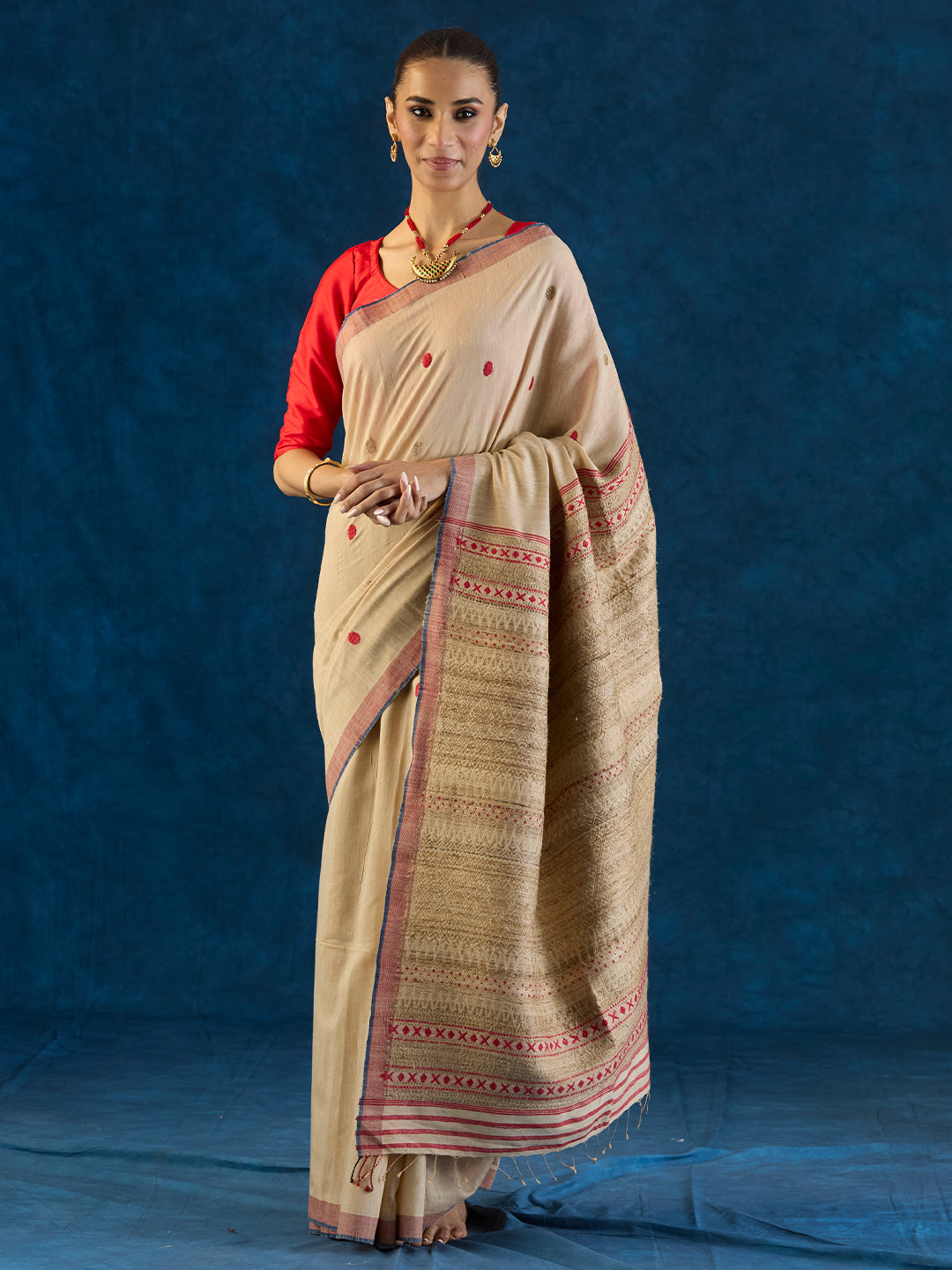 Lace Beige Tussar Silk and Red Eri Silk Saree