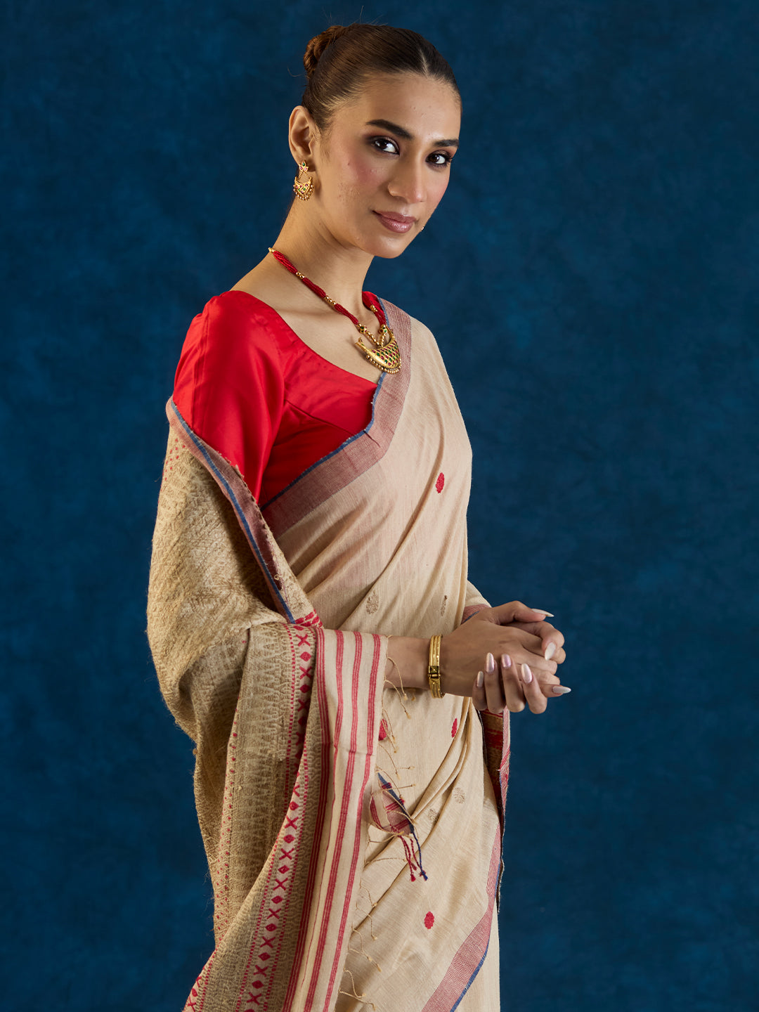 Lace Beige Tussar Silk and Red Eri Silk Saree