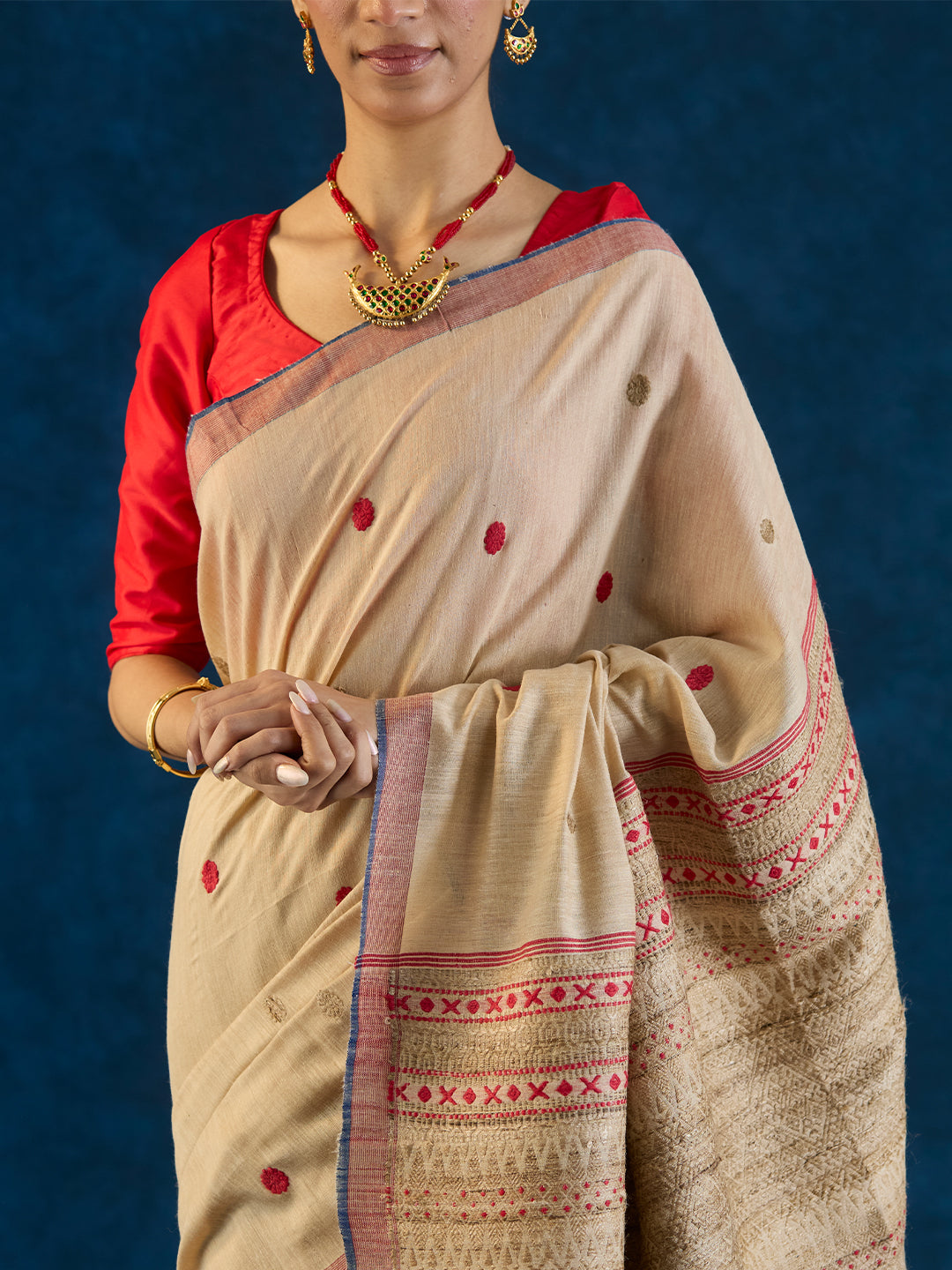 Lace Beige Tussar Silk and Red Eri Silk Saree