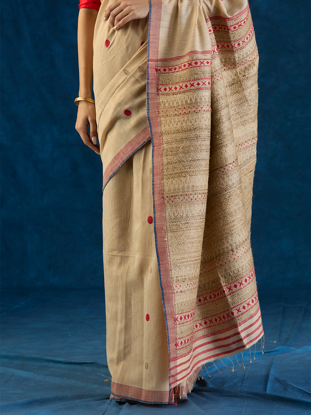 Lace Beige Tussar Silk and Red Eri Silk Saree