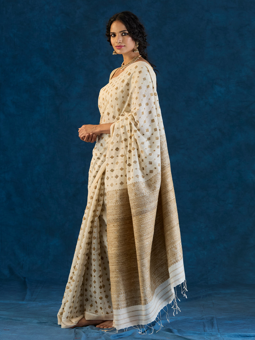 Off White Raw Mulberry and Eri Silk Saree