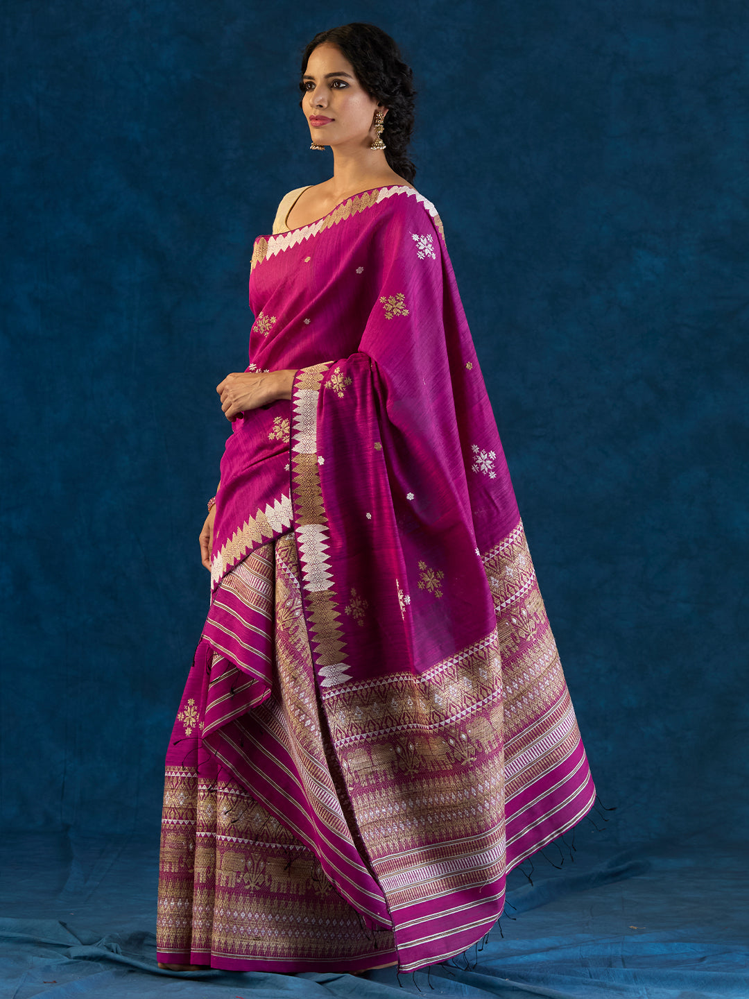 Deep Magenta Raw Mulberry and Eri Silk Mekhela Sador