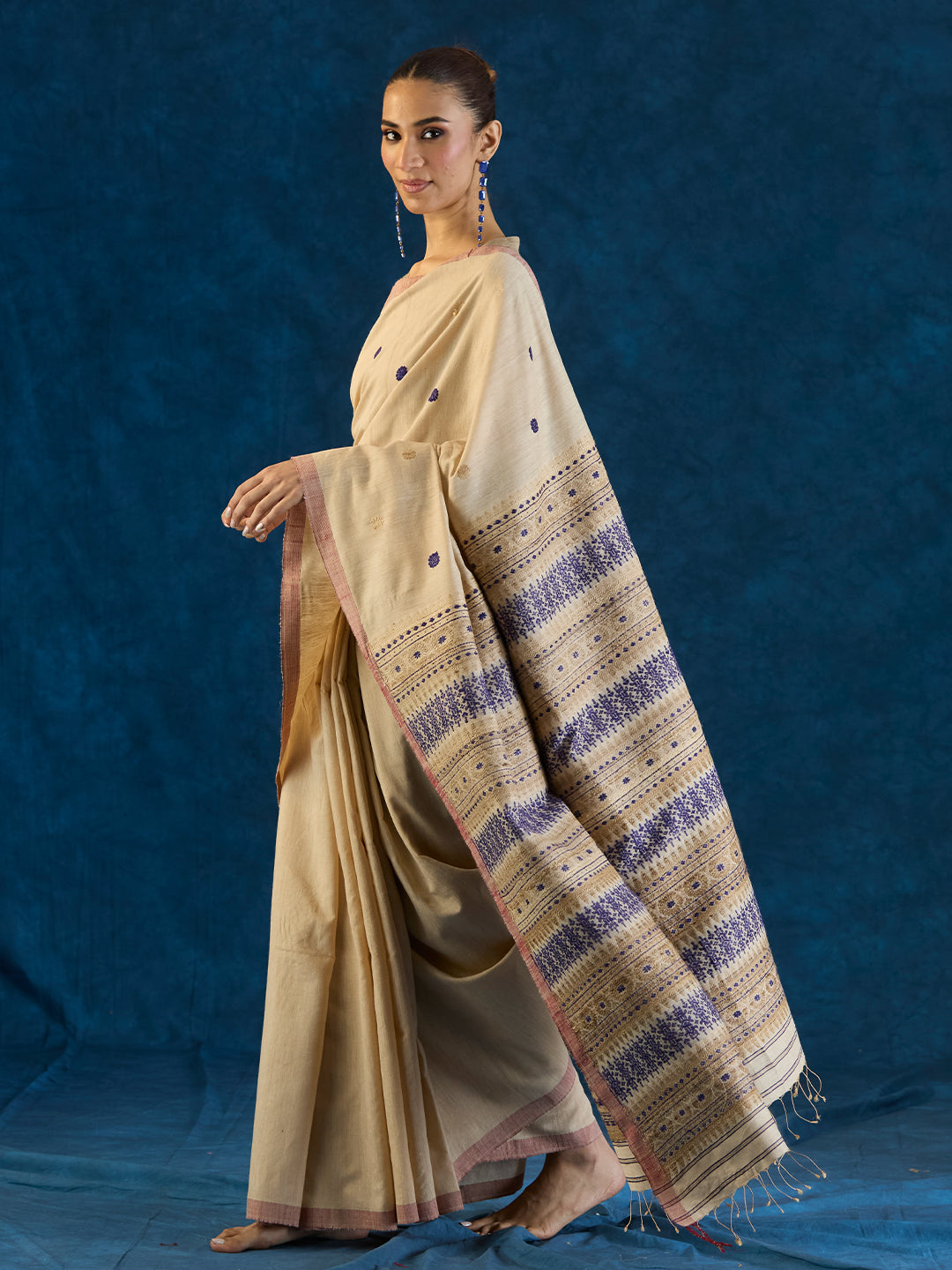 Pale Beige Tussar Silk and Red Eri Silk Saree