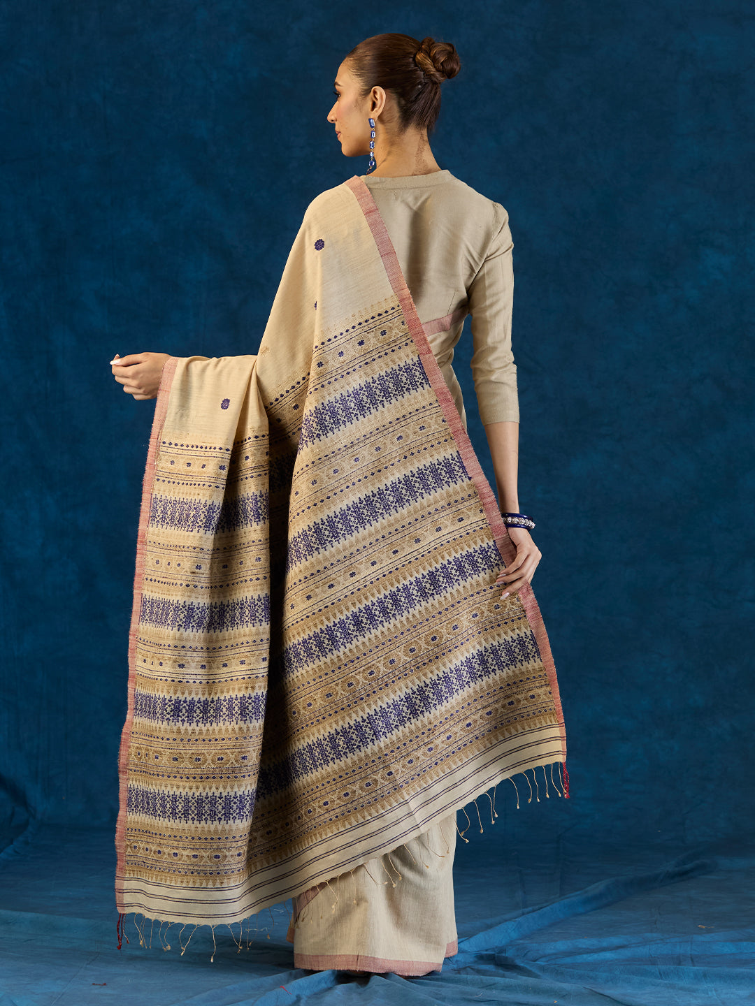 Pale Beige Tussar Silk and Red Eri Silk Saree