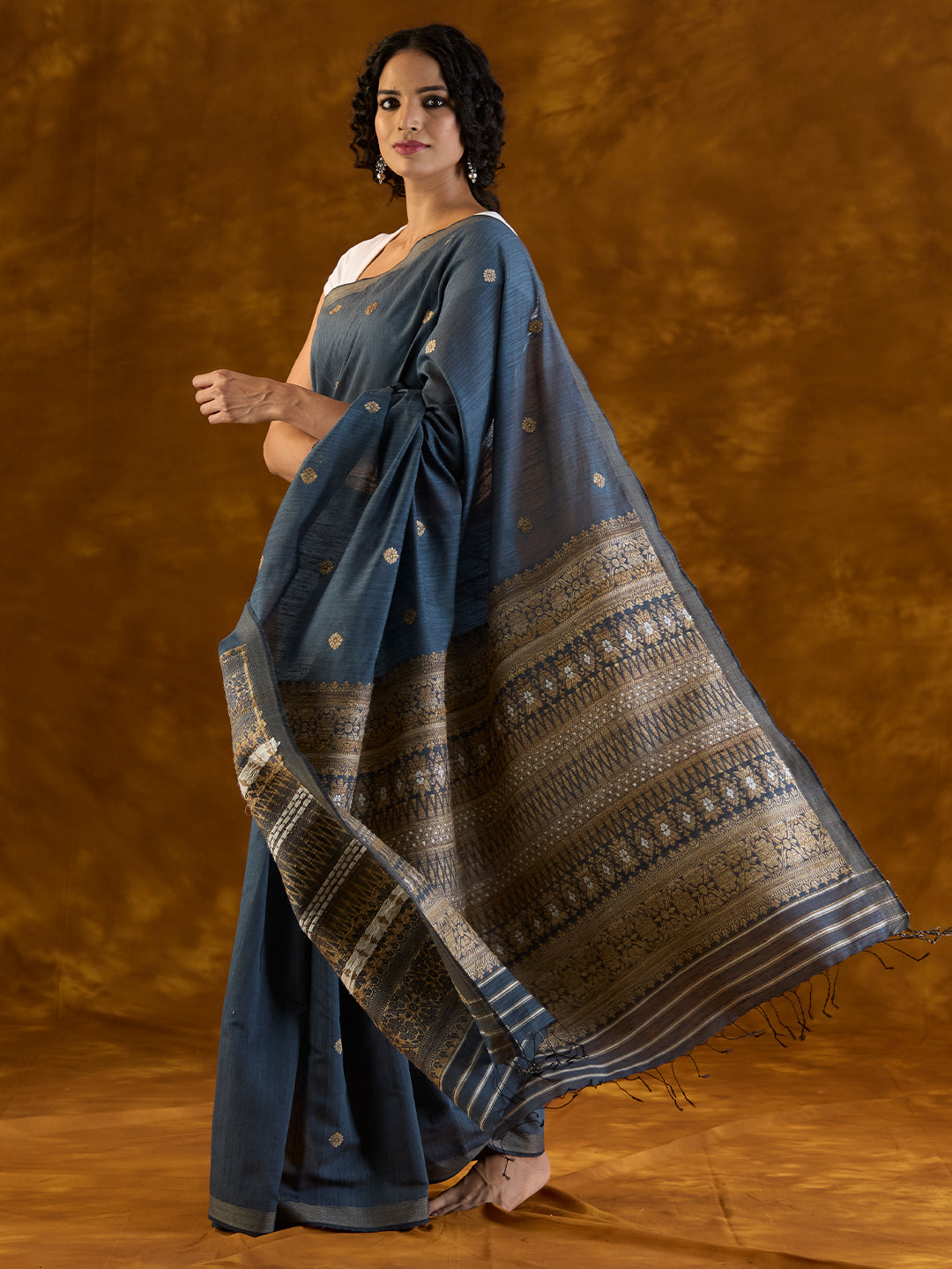 Cerulean Indigo Mulberry and Eri Silk Saree