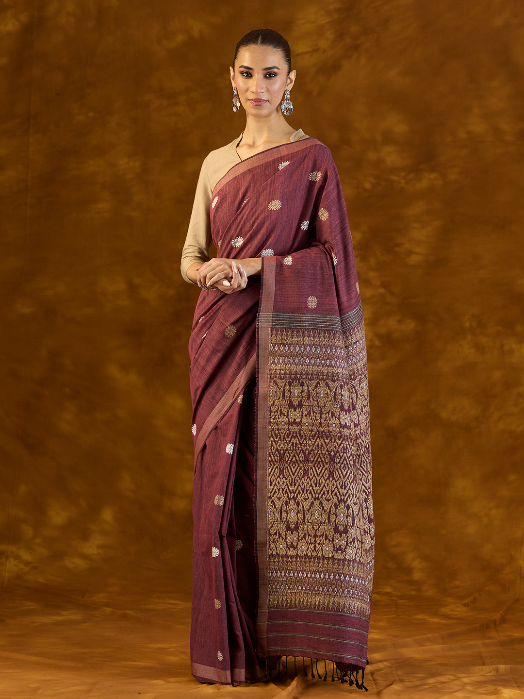 Mahogany Maroon Mulberry and Eri Silk Saree