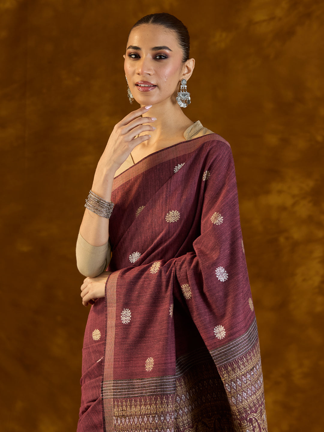 Mahogany Maroon Mulberry and Eri Silk Saree