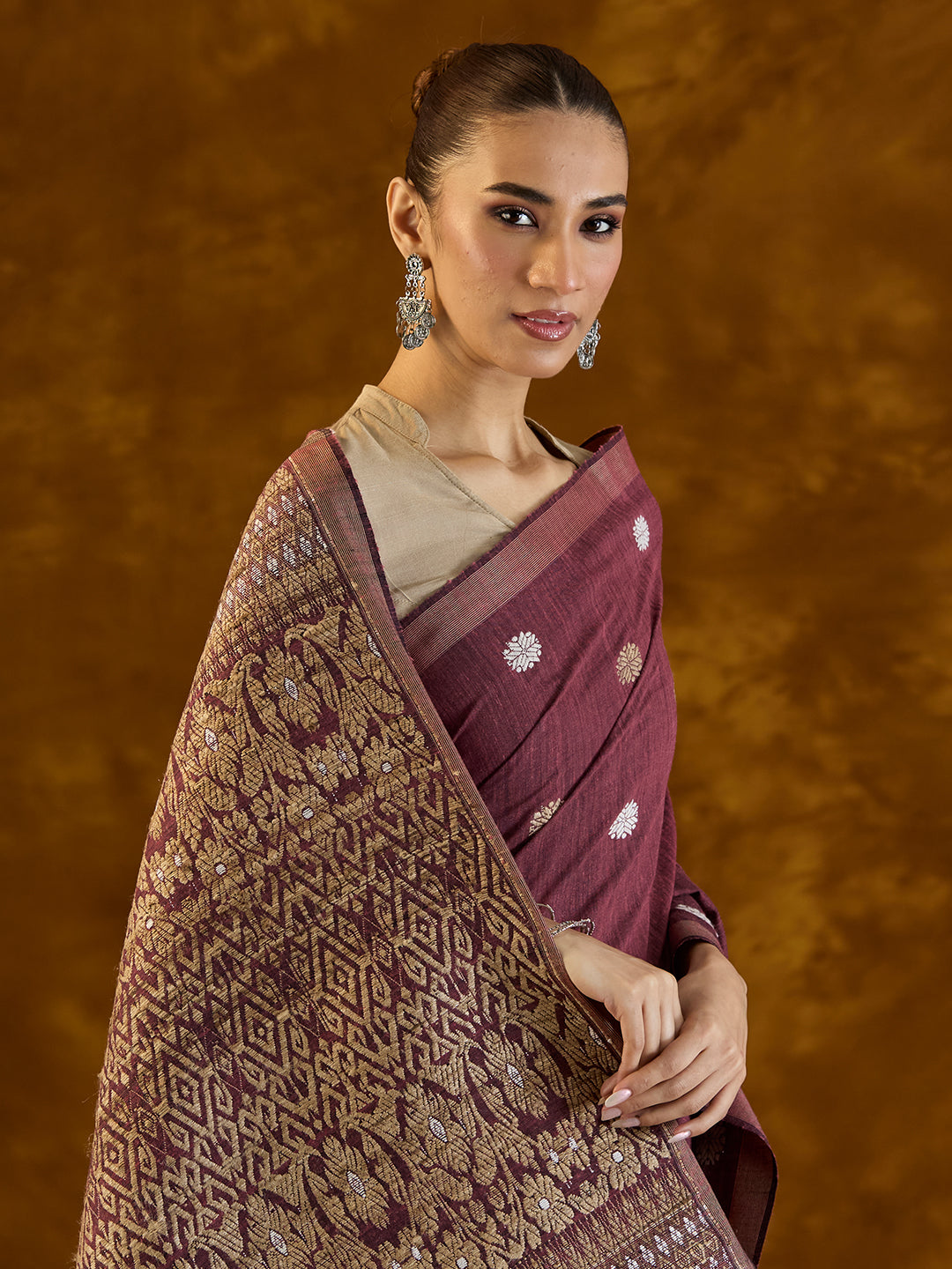 Mahogany Maroon Mulberry and Eri Silk Saree