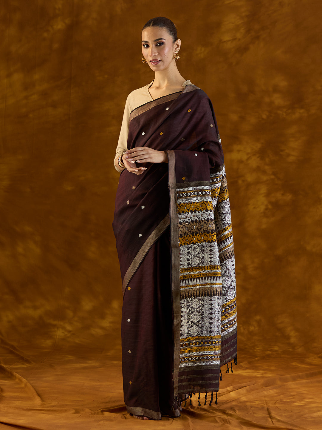 Burgundy Raw Mulberry Silk and Cotton Saree