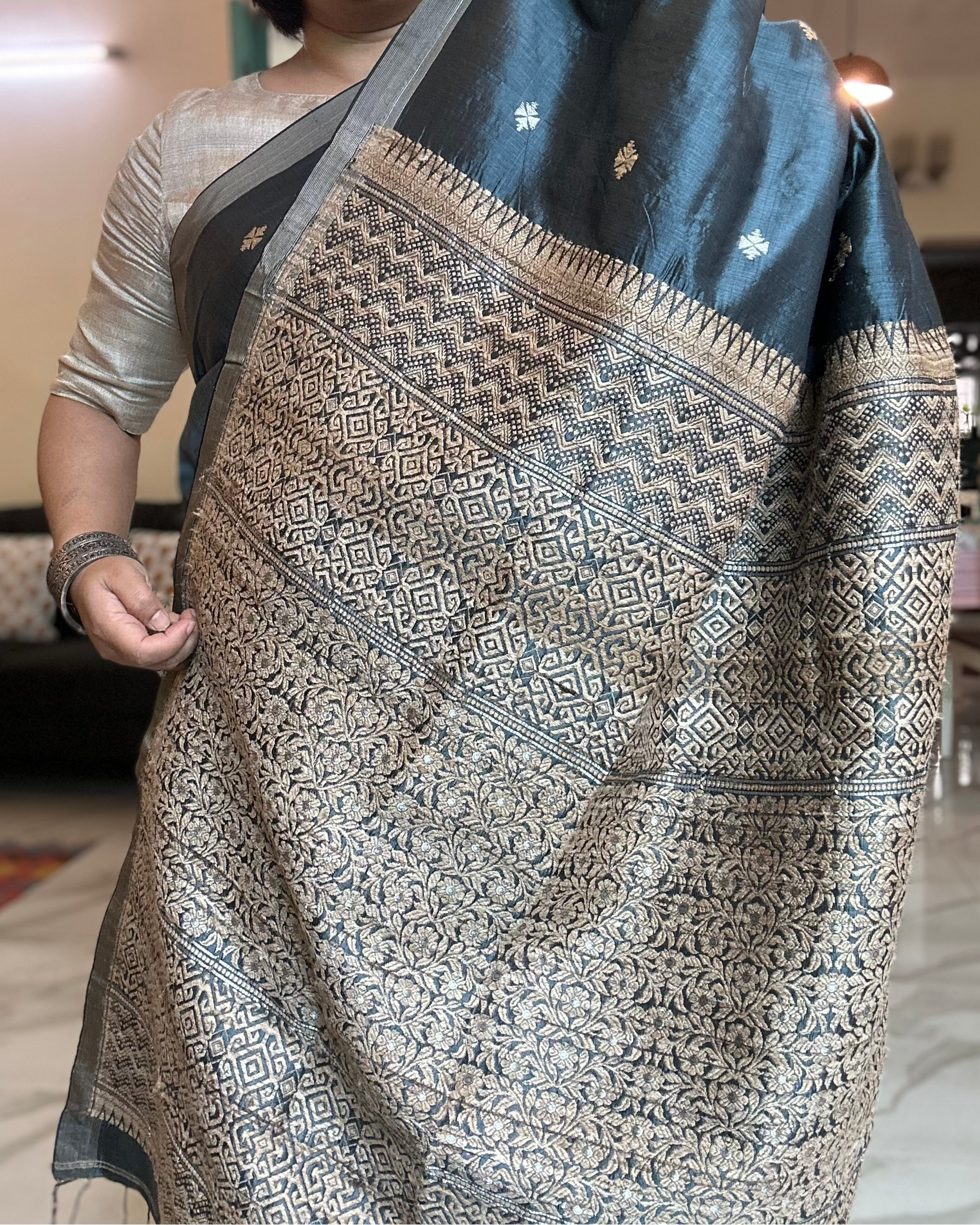 GREY MULBERRY SILK SAREE