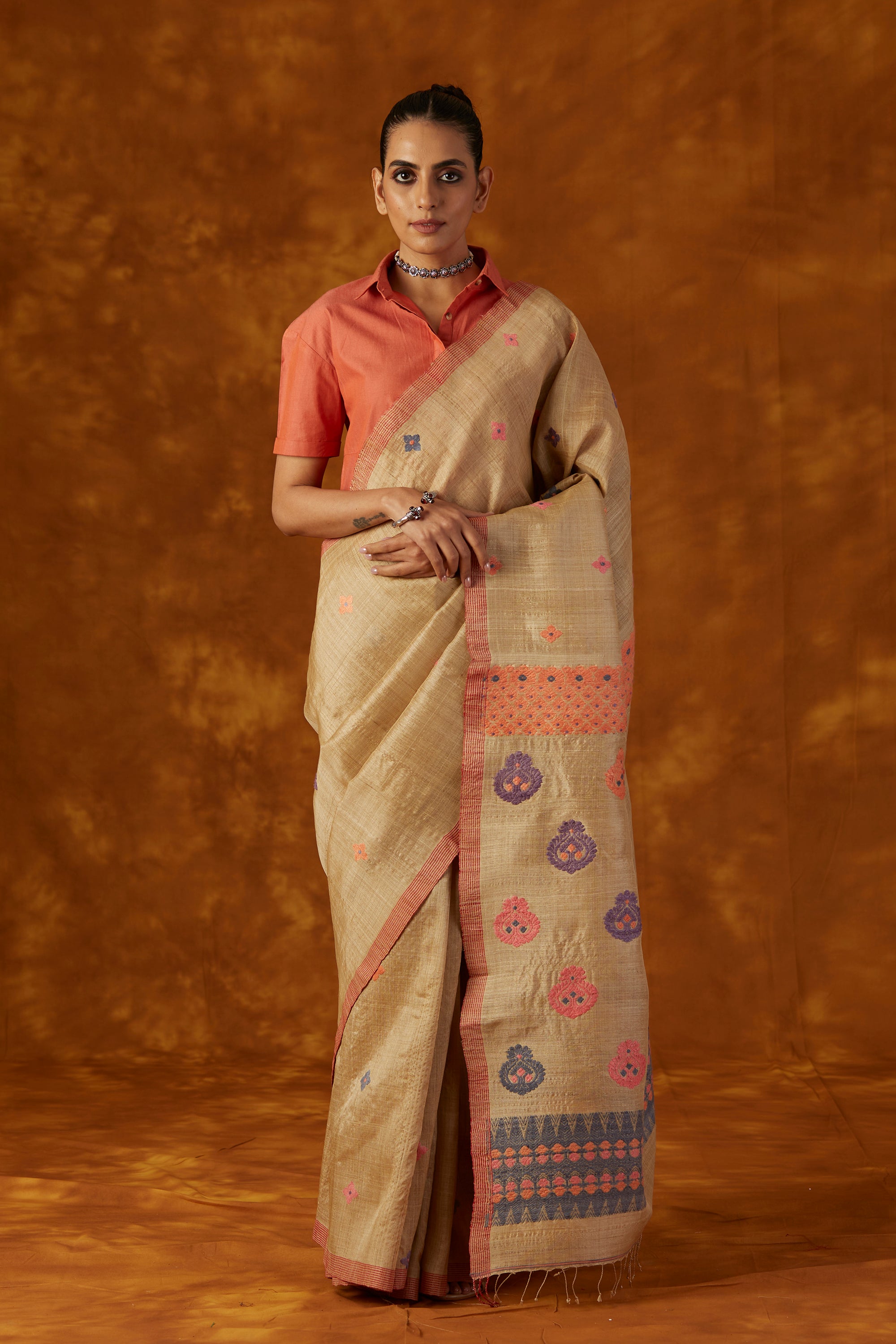 Muga Silk Saree With Eri Silk Design