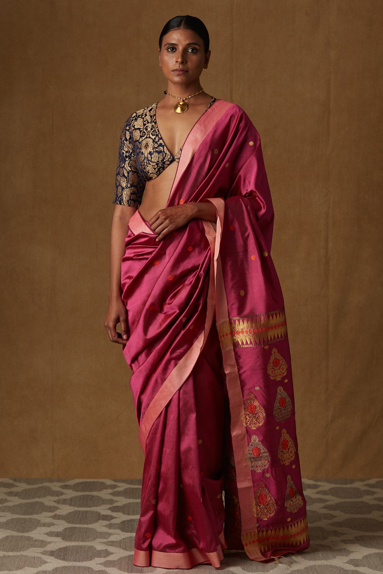 Pink and Golden Mulberry Silk Saree