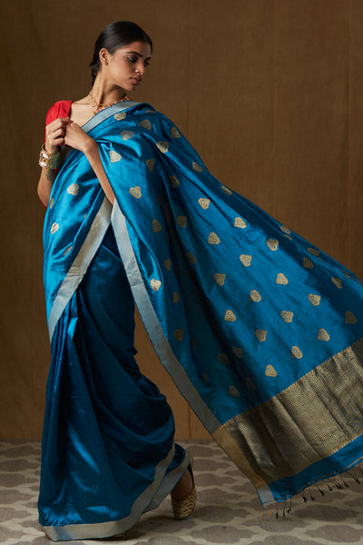 Cosmic Cobalt Blue Embroidery Designer Banarasi Dola Silk Saree – MySilkLove