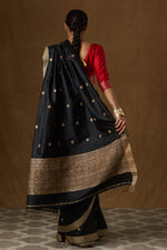 Load image into Gallery viewer, Black Mulberry and Muga Ghicha Silk Saree

