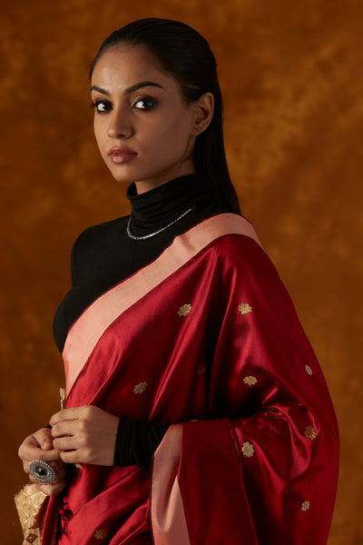 Black Red Mulberry Silk Saree 